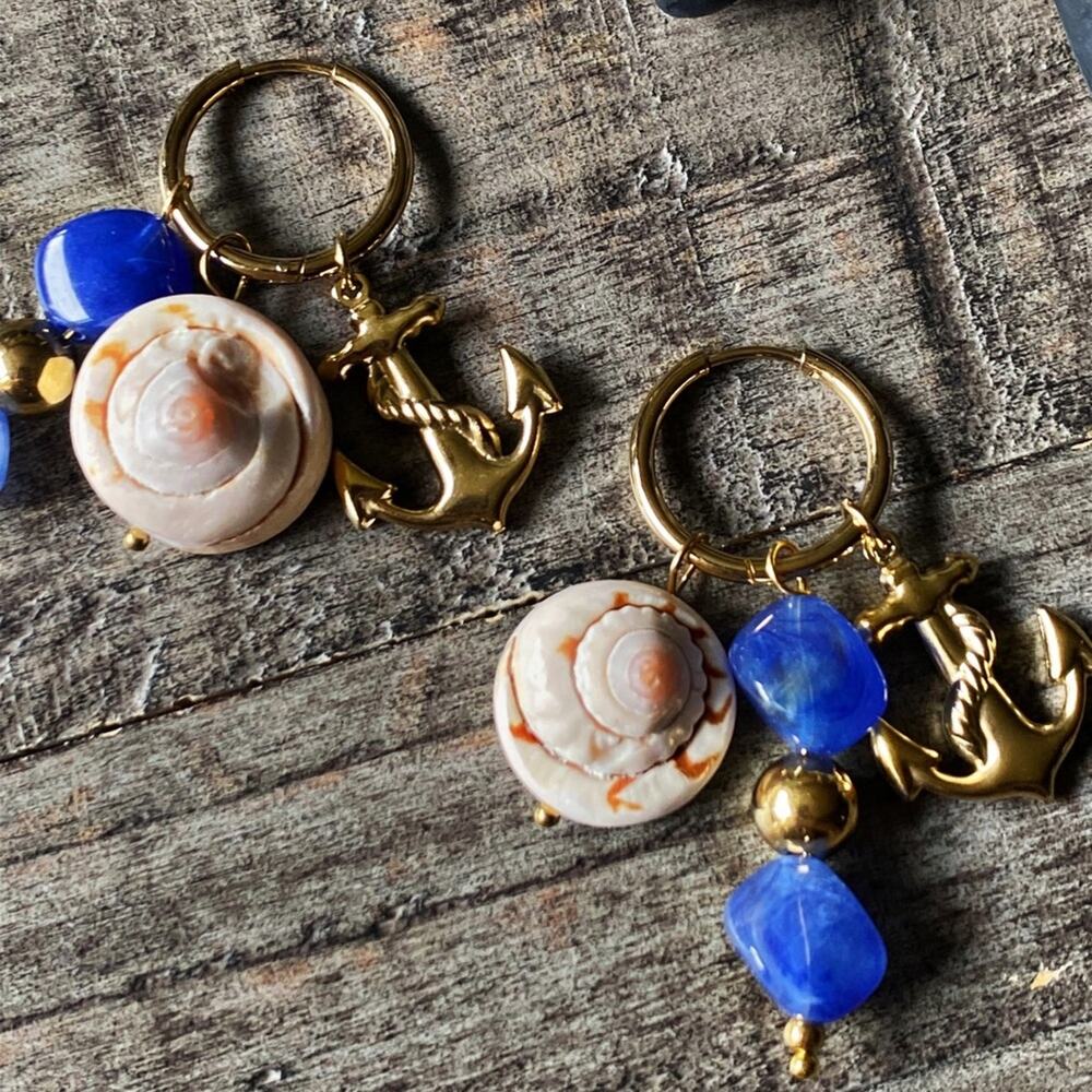 NEW Blue Stone & Nautical Shell Charm Hoop Earrings